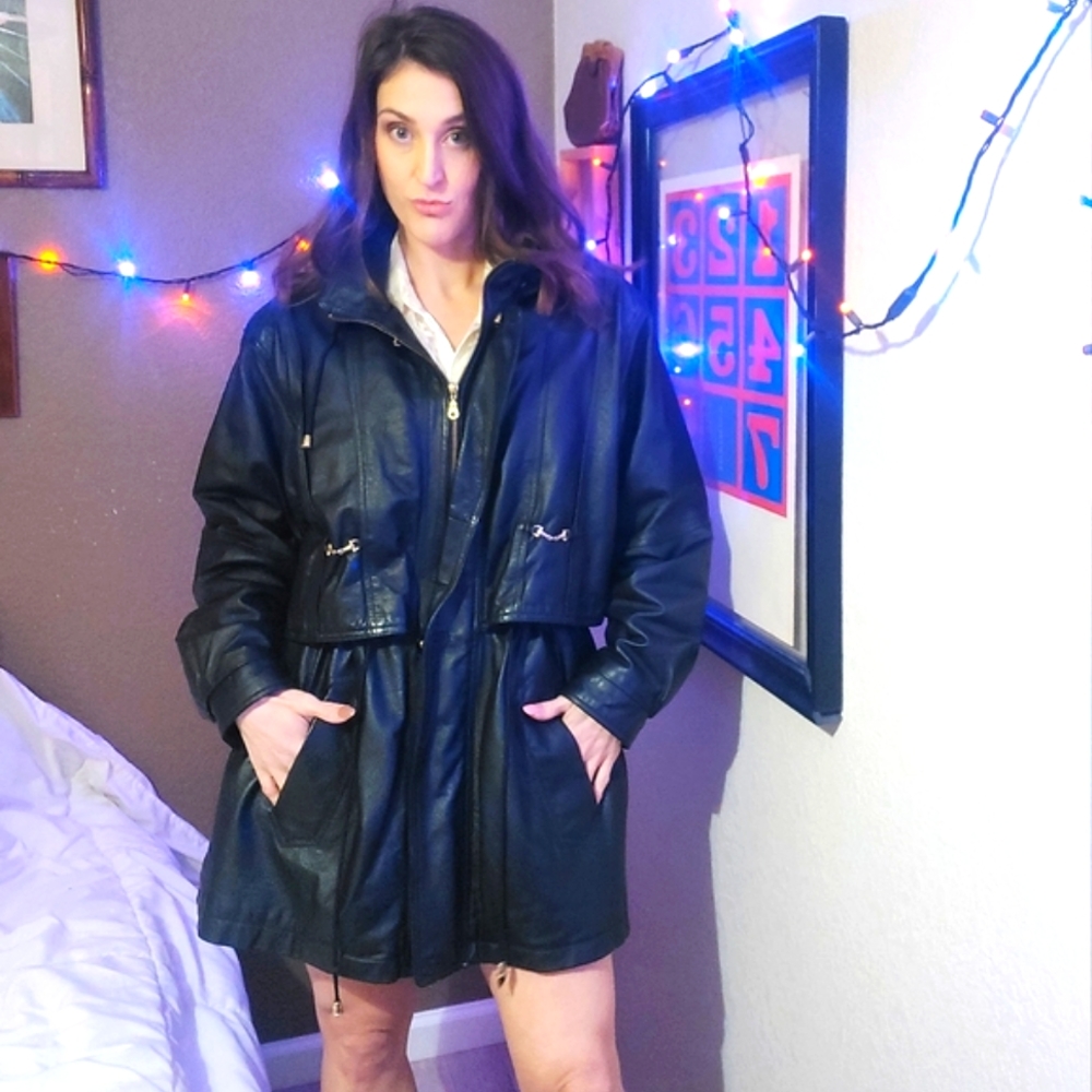☆VINTAGE 90's☆ Leather Hooded Midi Jacket w/ Gold Hardware Women's Size XL Coat - Picture 2 of 11